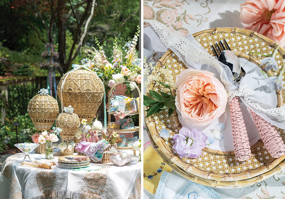 Left: Set amidst a quiet corner of the garden, a softly hued table is laden with spring blooms tucked into the basket of rattan hot air balloons, festive packages, and seasonal table settings. Right: Bamboo-inspired plates are topped with soft pink wicker flatware tied together with a wisp of lacy ribbon and graced by pastel-hued blooms.