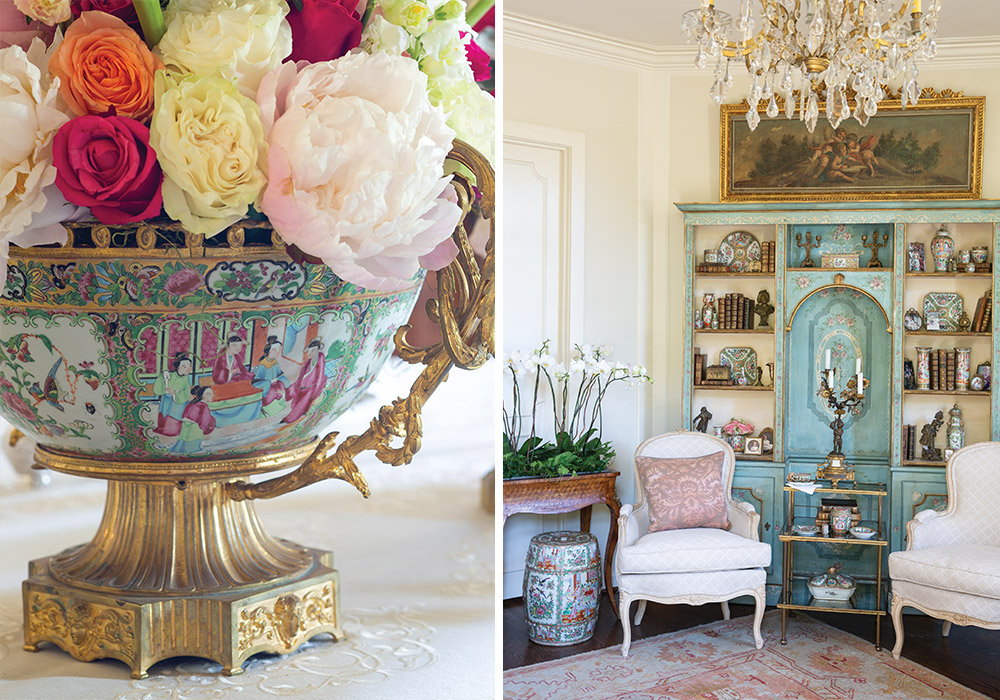 Left: Wide rose medal vase with elaborately detailed golden handles, blooming with peonies and roses. Right: Green shelving decorated in books, antiques, and rose medallion.