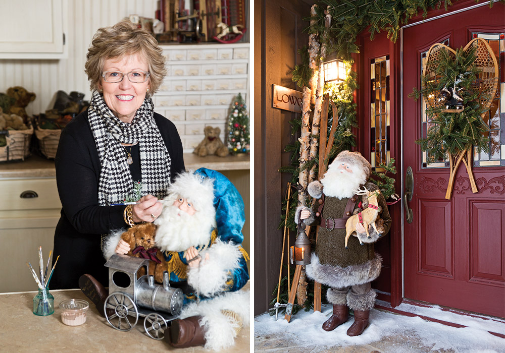 On the left, Bethany Lowe poses with a Santa figure she is creating. On the right, a Santa stands on a snowy porch outside a red door.