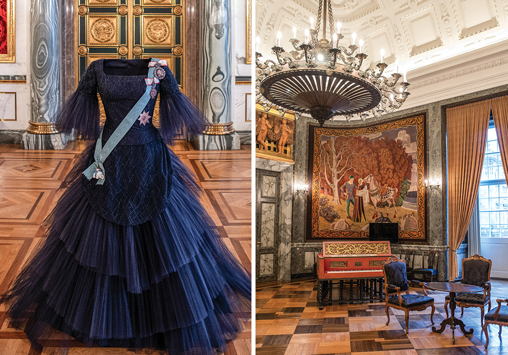 Right: Tapestries hang throughout the palace, including those famous few given as a gift for Queen Margrethe II’s birthday in 1990. Left: Mementos of Her Majesty’s presence, such as formal wear, are sometimes on display.