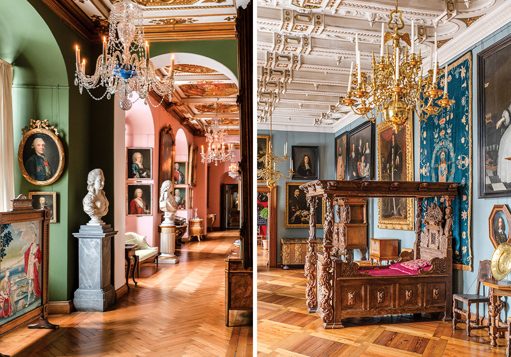 Right: A golden chandelier, a multitude of paintings, and a grand tapestry adorn this bedchamber inside Frederiksborg Castle. Left: Even the hallways are adorned with fine artistry, such as busts and framed portraits.