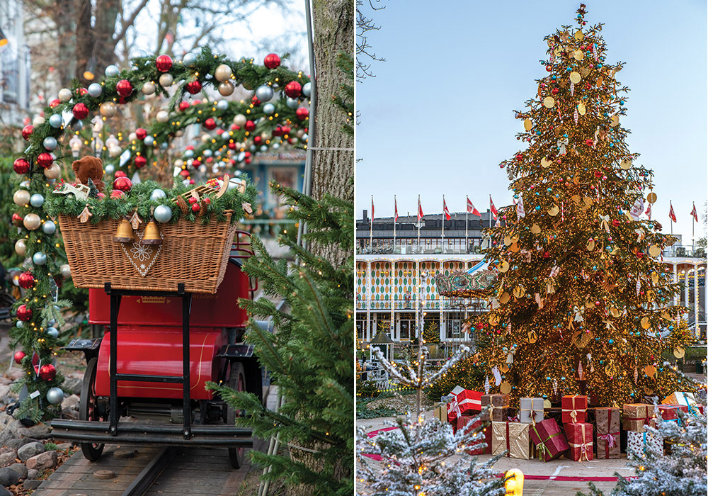 Left: Amid the beauty of Tivoli Gardens, Santa’s sleigh sits bearing an abundance of toys. Right: The grandeur of the centuries-old amusement park is echoed in the main tree that anchors Yuletide celebrations here.