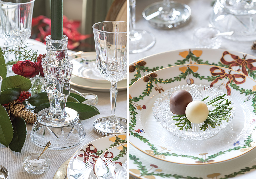 Delicate crystal accessories, such as hatched saucers and Nutcracker-shaped candlesticks, dress a holiday table.