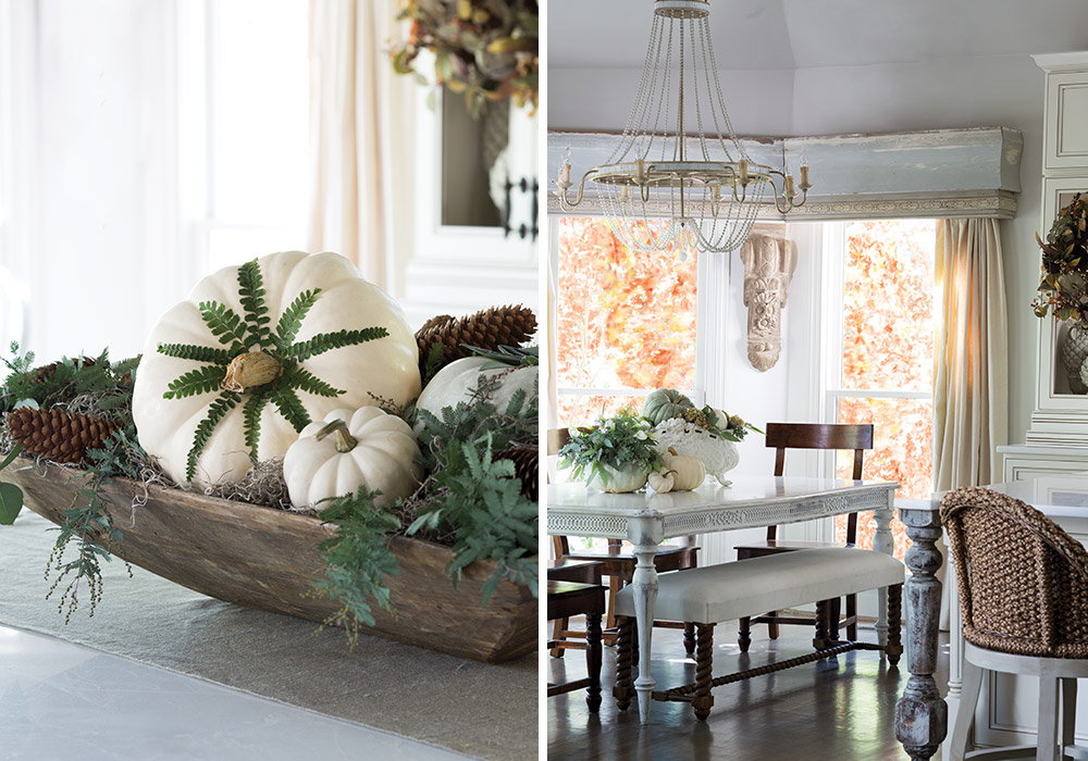  Pale pumpkins in shades of white and green are adorned with verdant foliage.