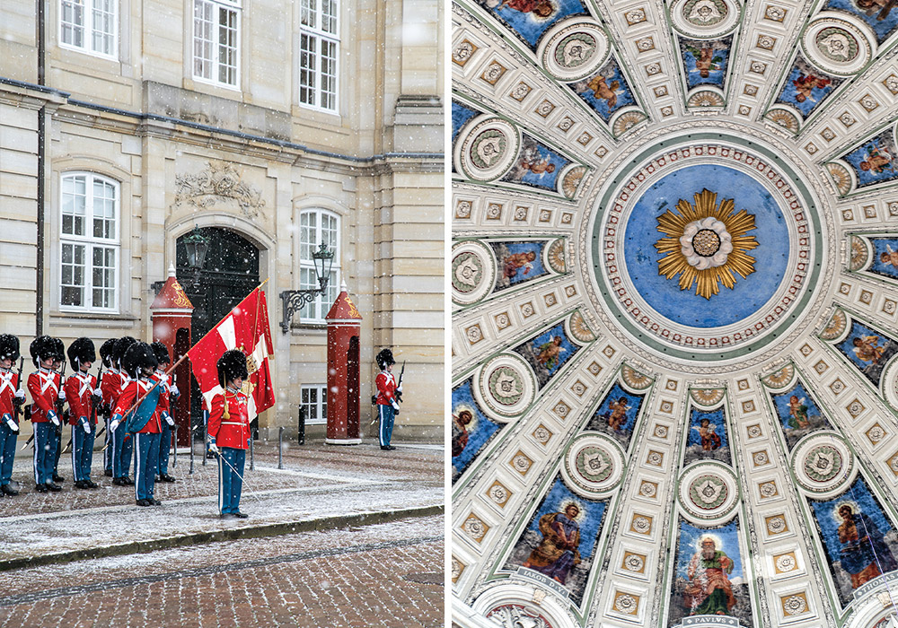 Left: Witness the changing of the guard on a snowy day in Denmark. Right: The interior of the dome of Frederik’s Church features intricate, gilded detail.