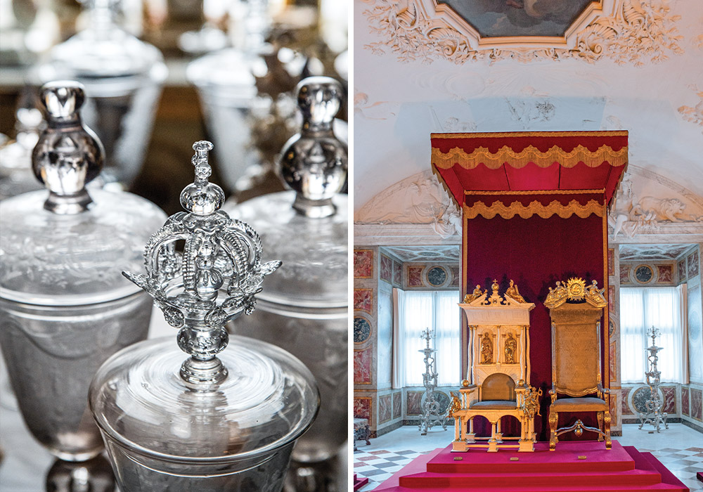 Left: A glass crown emblem adorns this treasure inside Rosenborg Castle. Right: The thrones of both king and queen are among the these halls.