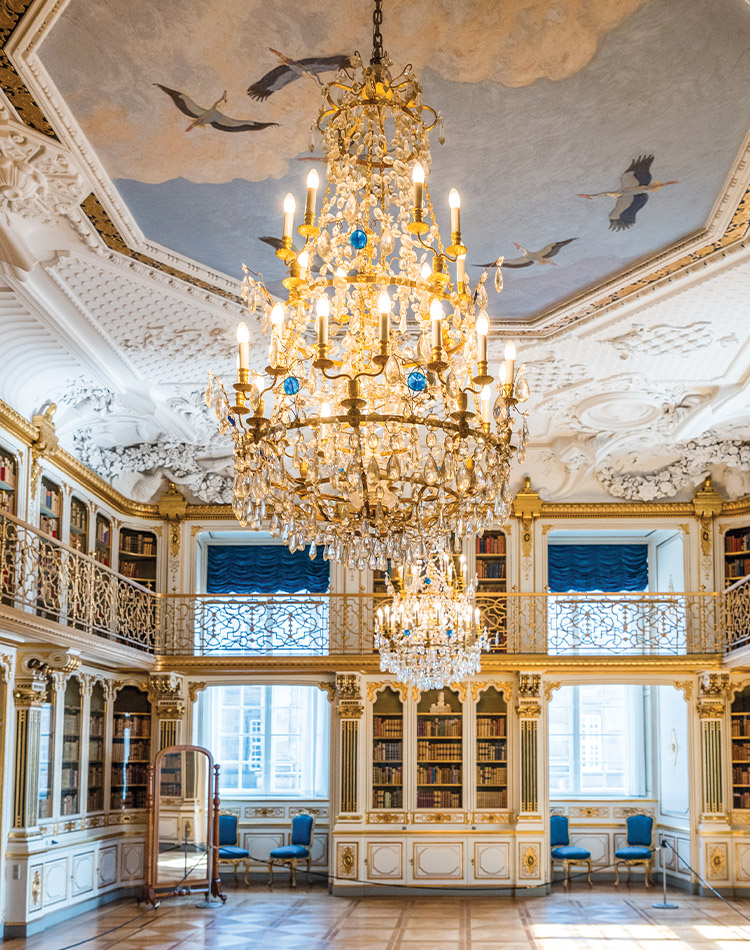 The Queen’s Library inside Christiansborg Palace, a room donned in blue and gold, holds only a tenth of the royal family’s private collection of Danish and foreign works.