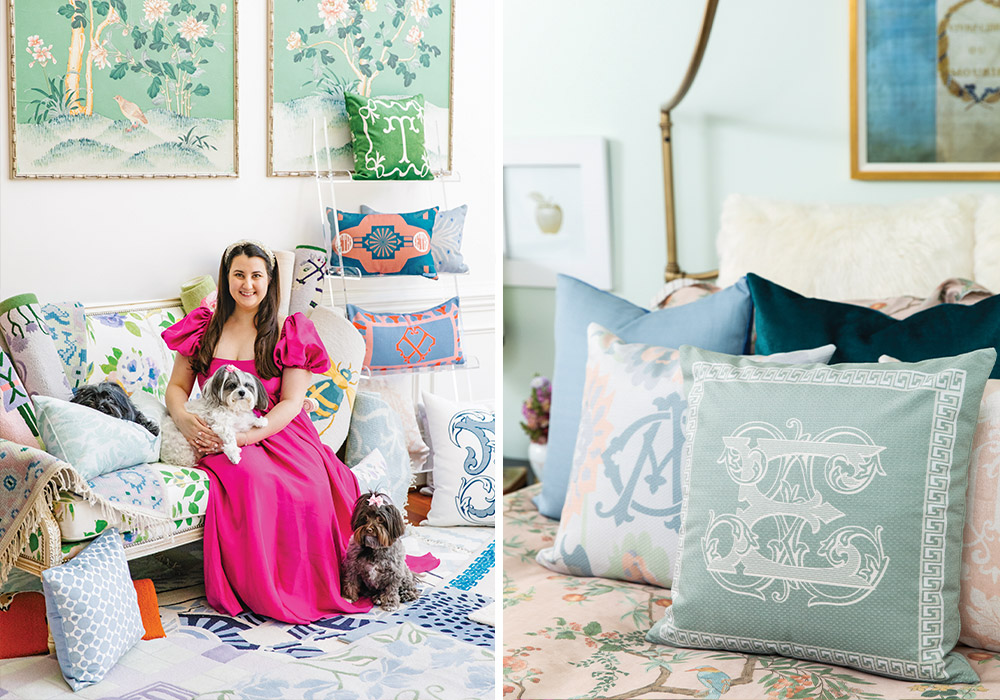Left: Ally-Catherine Trenary poses for a portrait, seated alongside her two dogs. Right: Custom pillows from the brand are displayed atop an elegant bed.