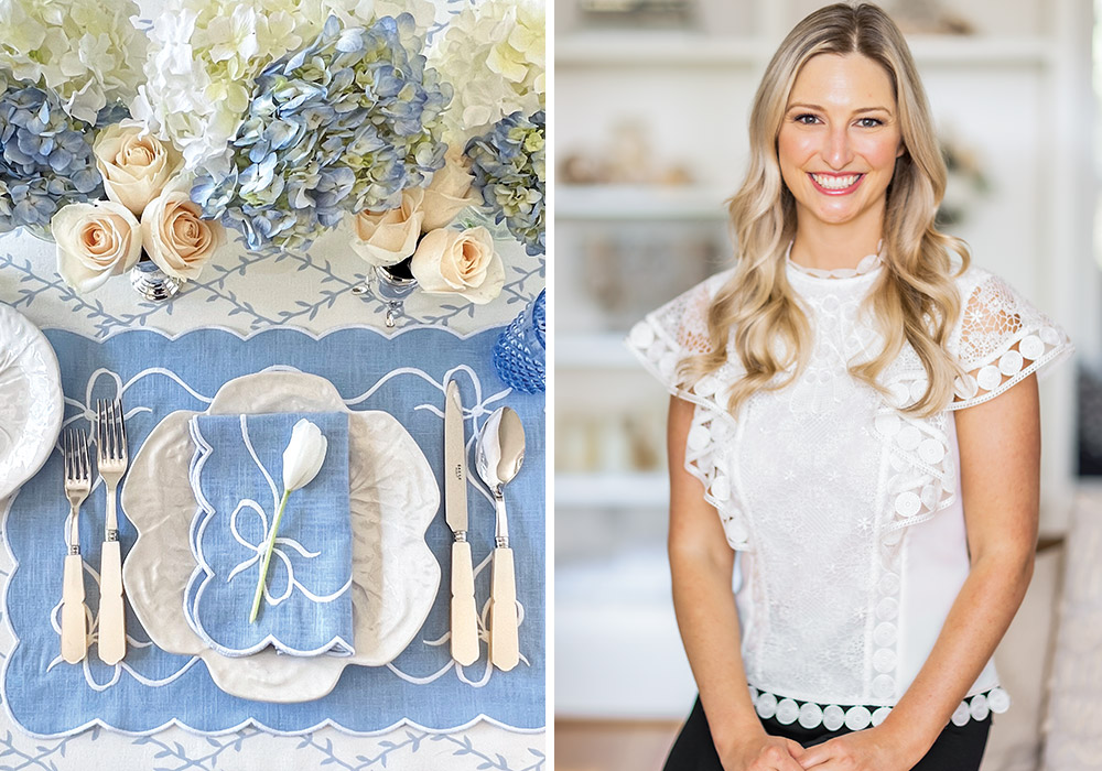 Left: A blue-and-white table dressed in products from Katherine’s online shop boasts feminine appeal. Right: Katherine Young poses for a portrait.