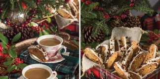 Our Gingerbread Biscotti spill from a red tartan lunch tin. Left: The same biscuits sit on the edge of a red-and-white teacup and saucer.