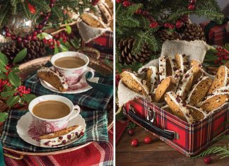 Our Gingerbread Biscotti spill from a red tartan lunch tin. Left: The same biscuits sit on the edge of a red-and-white teacup and saucer.