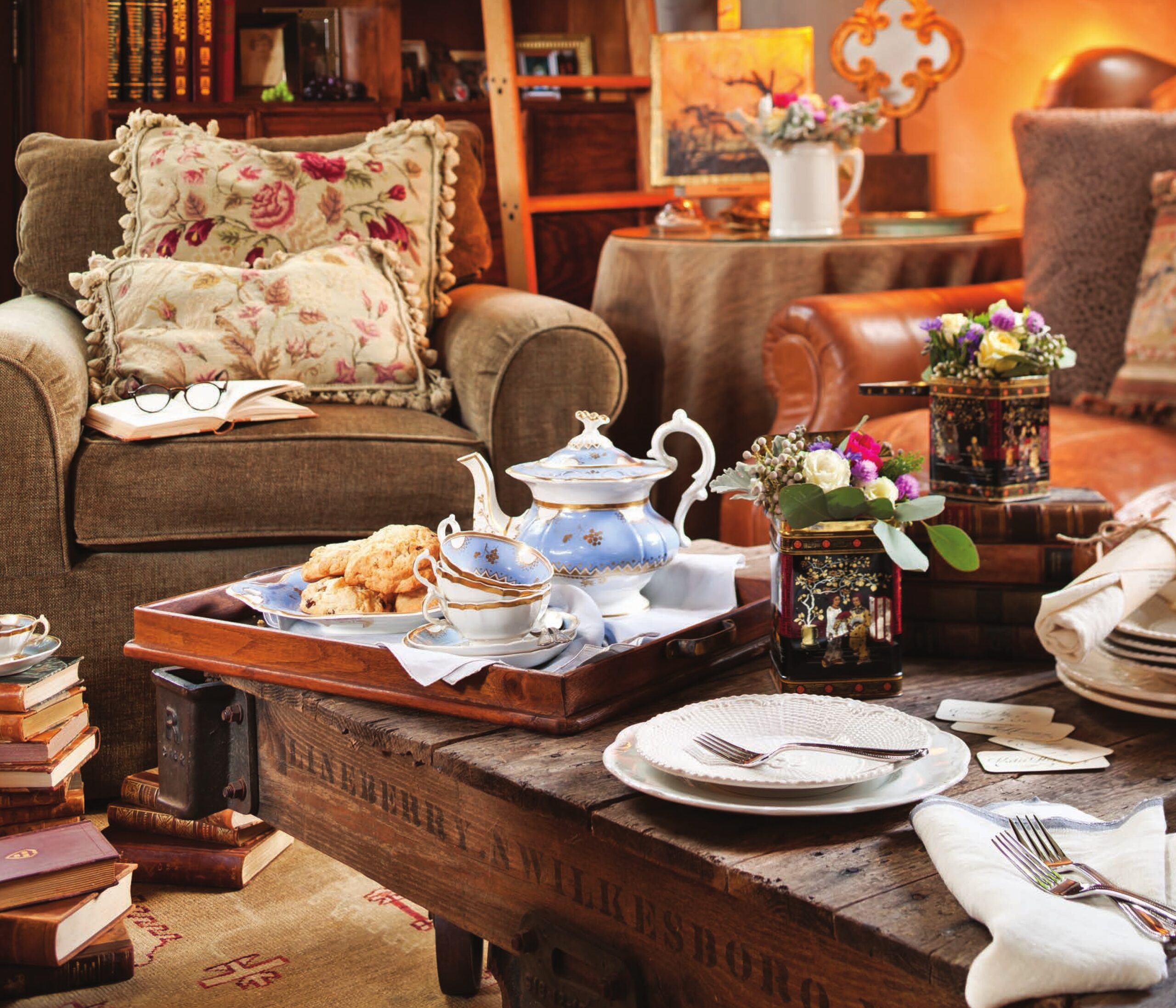 A tea arranged on the coffee table of a cozy library.