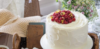 Lemon Layer Cake on a cake stand
