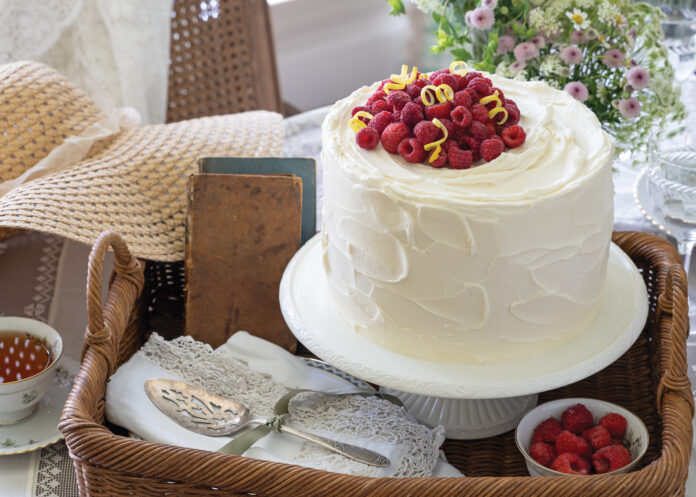 Lemon Layer Cake on a cake stand