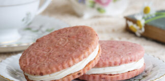 Pink shortbread cookies on a plate