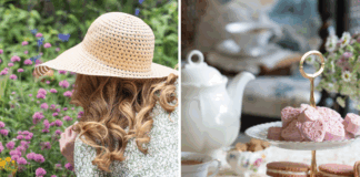 Woman smelling flowers/cookies and candies on a serving tier