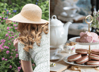 Woman smelling flowers/cookies and candies on a serving tier