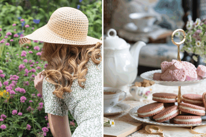 Woman smelling flowers/cookies and candies on a serving tier