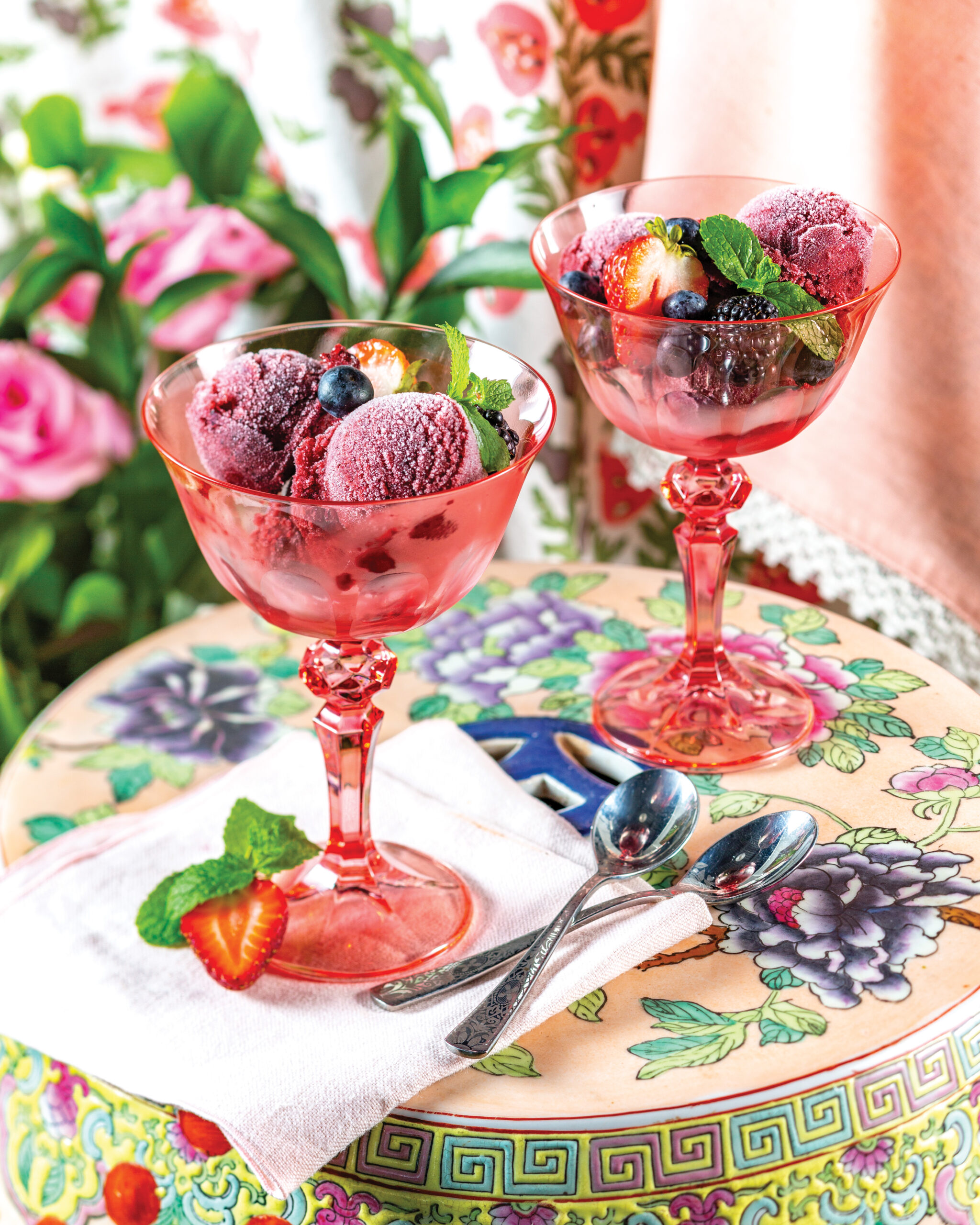 Summer berry sorbet in pink glasses