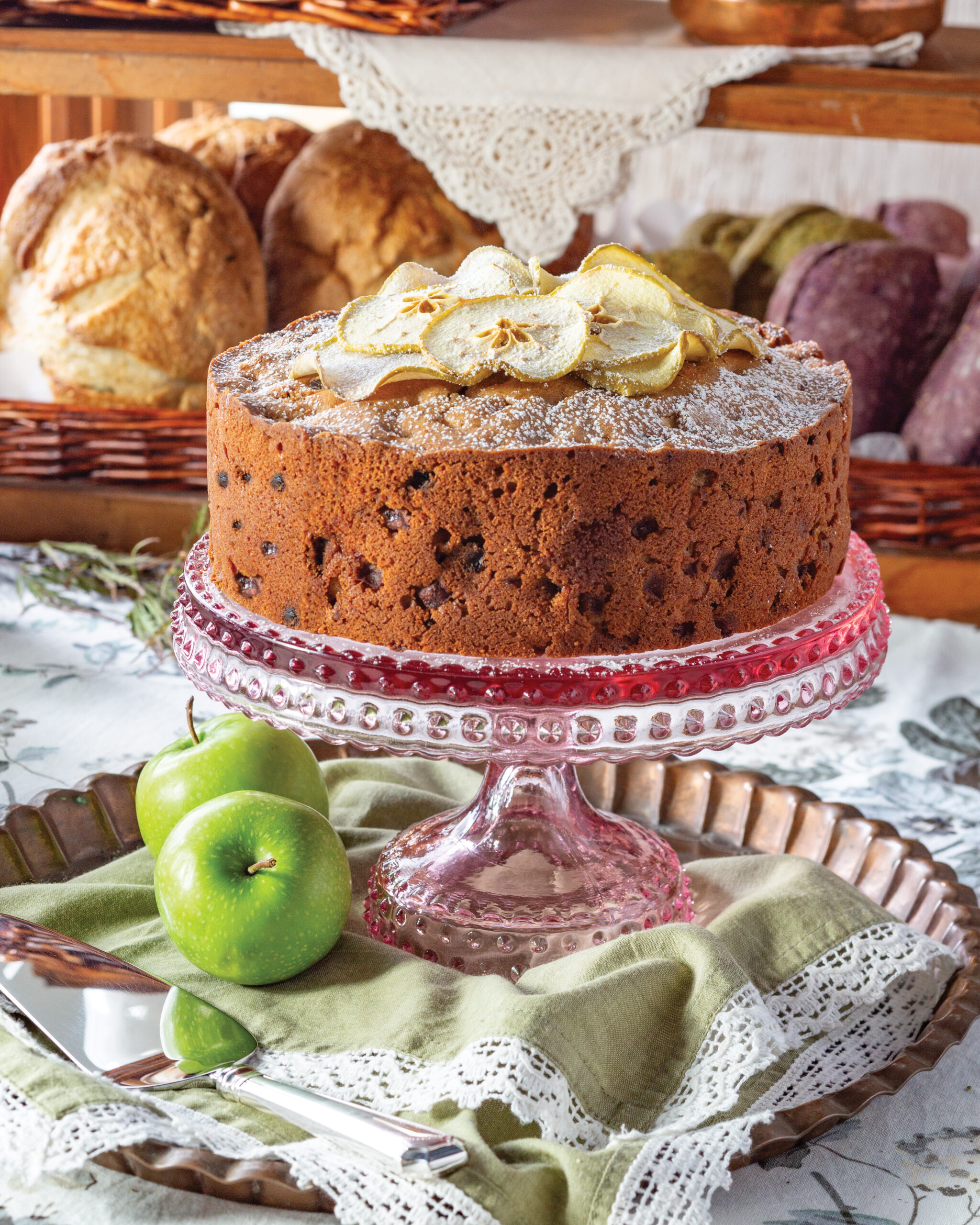 Apple cake on a cake stand 
