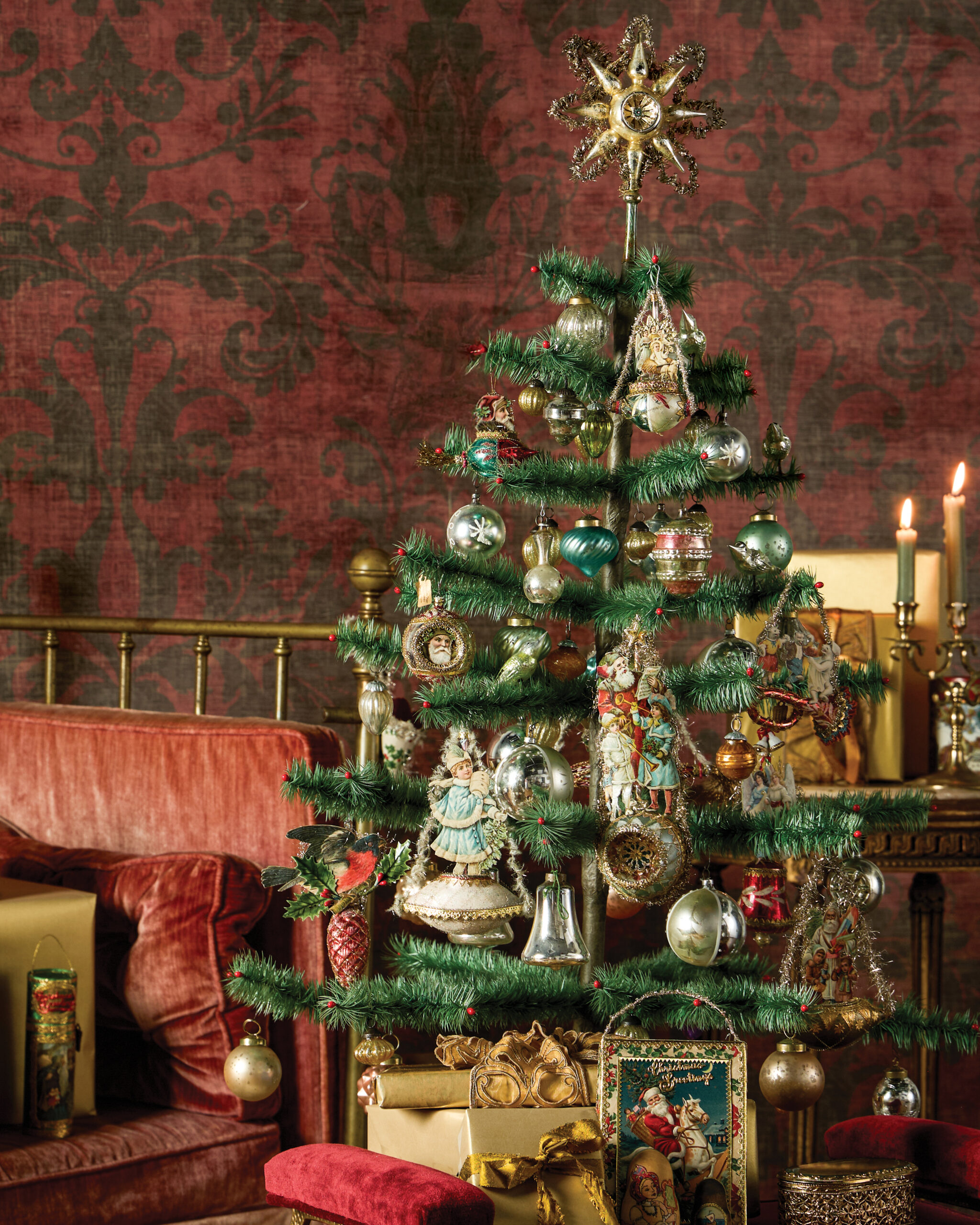 Mini Christmas tree decorated with Dresden Star ornaments