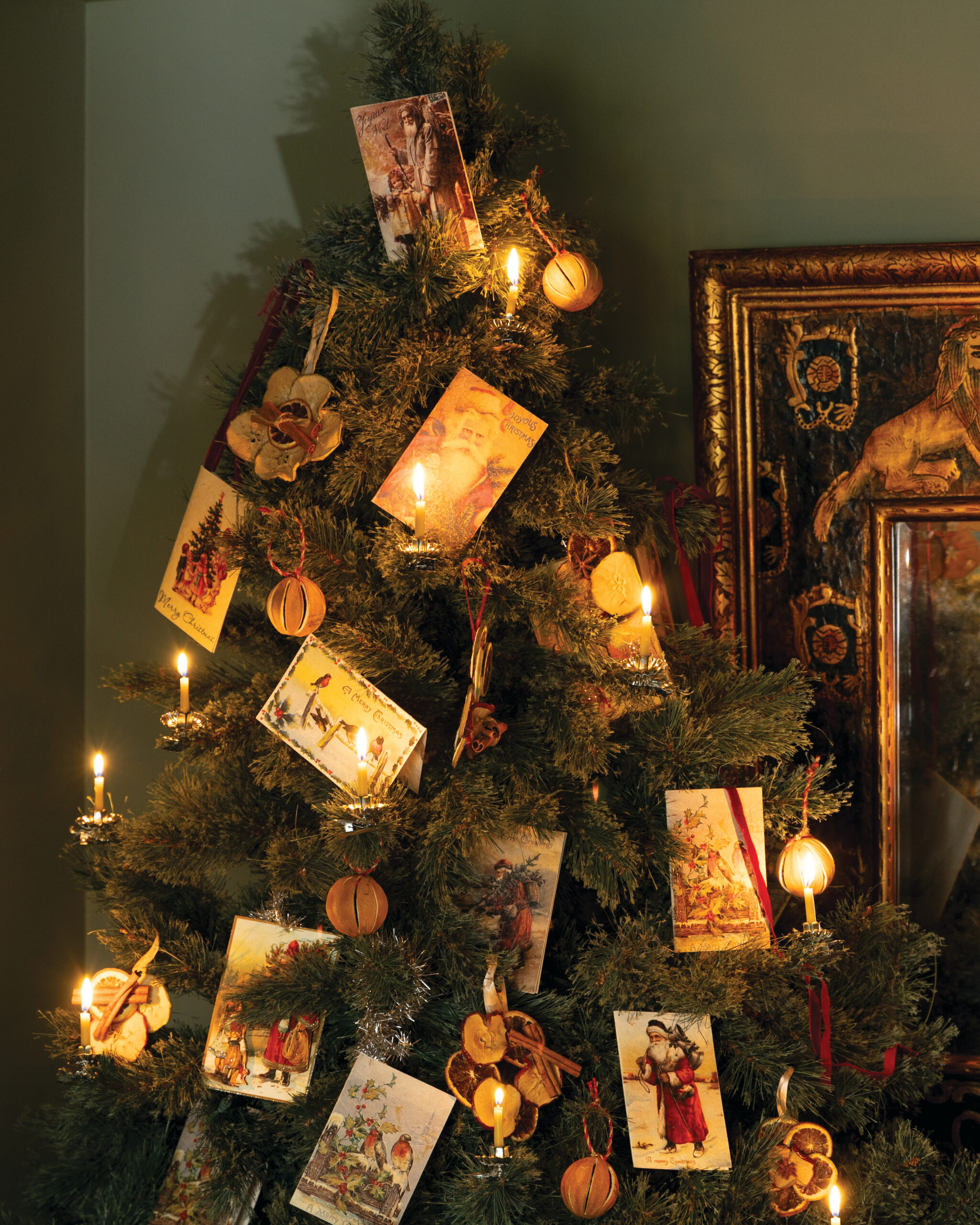 Christmas tree decorated with vintage paper ornaments