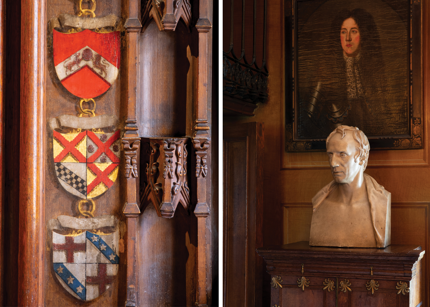 Wooden emblems on wall/Sir Walter Scott bust