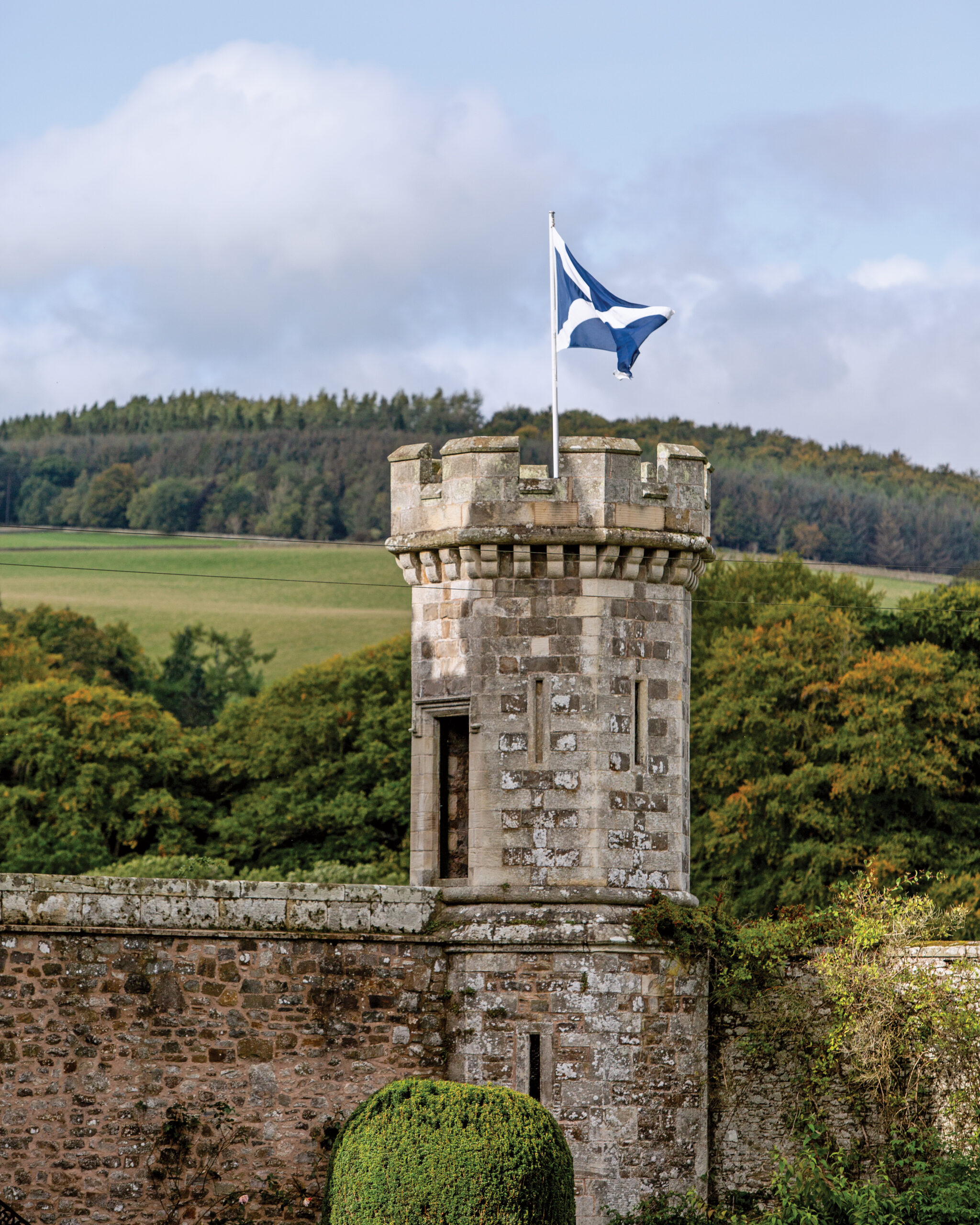 Castle tower with Scottish flag