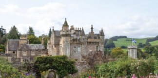 Flower garden outside of castle in Scotland