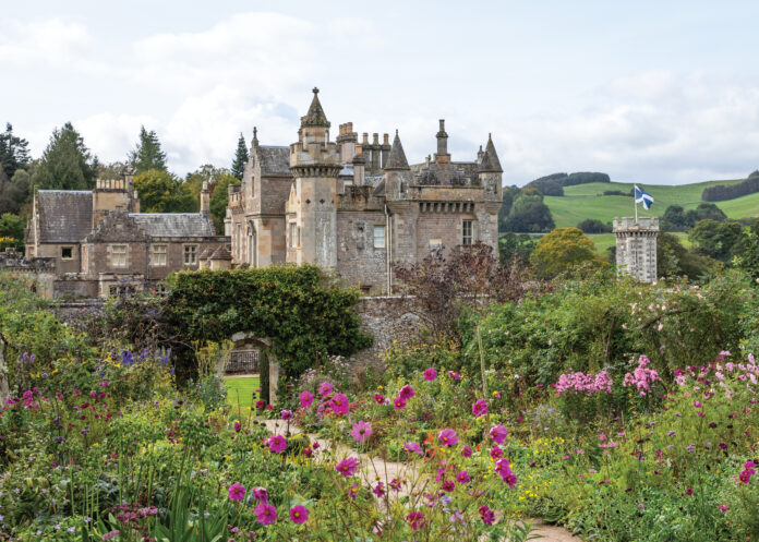 Flower garden outside of castle in Scotland