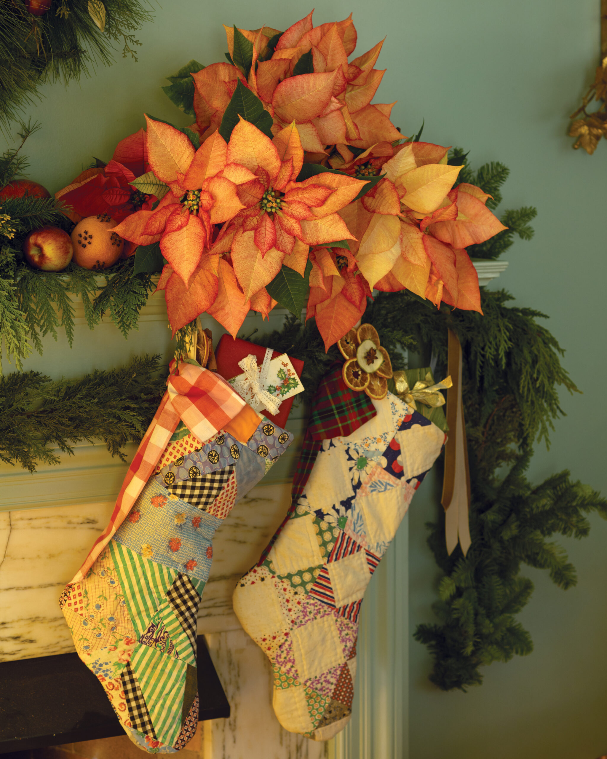 Quilted stockings with orange poinsettias