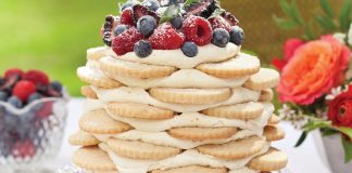Old-Fashioned Creamy Orange Icebox Cake pairs vanilla-bean shortbread with a zesty buttercream kissed with citrus. A mound of freshly picked berries and a light dusting of confectioners' sugar crowns the show-stopping treat.