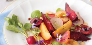 Contrasting with the sweetness of this assemblage, thinly sliced radishes, crisp tendrils of watercress, and a glaze of pink-peppercorn- citrus syrup add a depth of flavor to Cherries, Plums, Nectarines, and Beets.