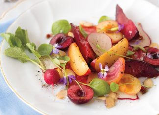 Contrasting with the sweetness of this assemblage, thinly sliced radishes, crisp tendrils of watercress, and a glaze of pink-peppercorn- citrus syrup add a depth of flavor to Cherries, Plums, Nectarines, and Beets.
