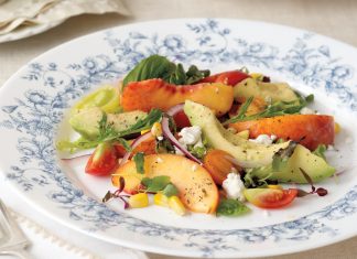 Savor the freshest of fare with Summer- Harvest Salad. Sun-kissed peaches and plumcots meet a garden variety of favorites in this delightful dish.
