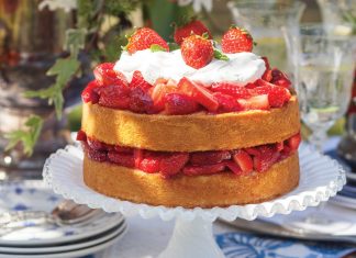 Tiers of delicate sponge cake covered in succulent berries and a cloud of whipped cream with a hint of Grand Marnier make Strawberry Shortcake a perennial favorite of every generation.