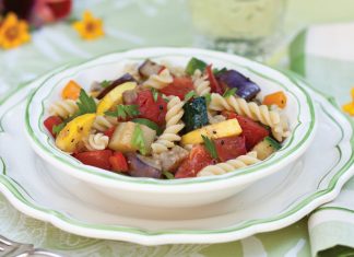 A dish that celebrates the garden, Summer- Vegetable Ratatouille is a jumble of eggplant, squash, zucchini, bell peppers, onions, & tomatoes.