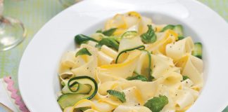 Pappardelle with Summer-Squash Ribbons features the savory Italian flat pasta defined by its wide, rippling shape & paired with zucchini & summer squash.