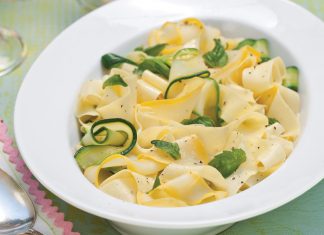 Pappardelle with Summer-Squash Ribbons features the savory Italian flat pasta defined by its wide, rippling shape & paired with zucchini & summer squash.