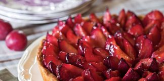 Our Plum-and-Caramel Tart will not be soon forgotten with its luscious peaks of fruit atop layers of almond filling and caramel topping over a crisp crust.