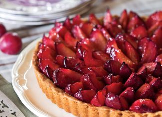 Our Plum-and-Caramel Tart will not be soon forgotten with its luscious peaks of fruit atop layers of almond filling and caramel topping over a crisp crust.