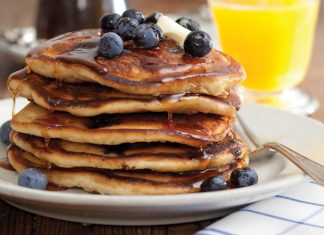 Blueberry Buttermilk Pancakes with Cardamom-Vanilla Syrup