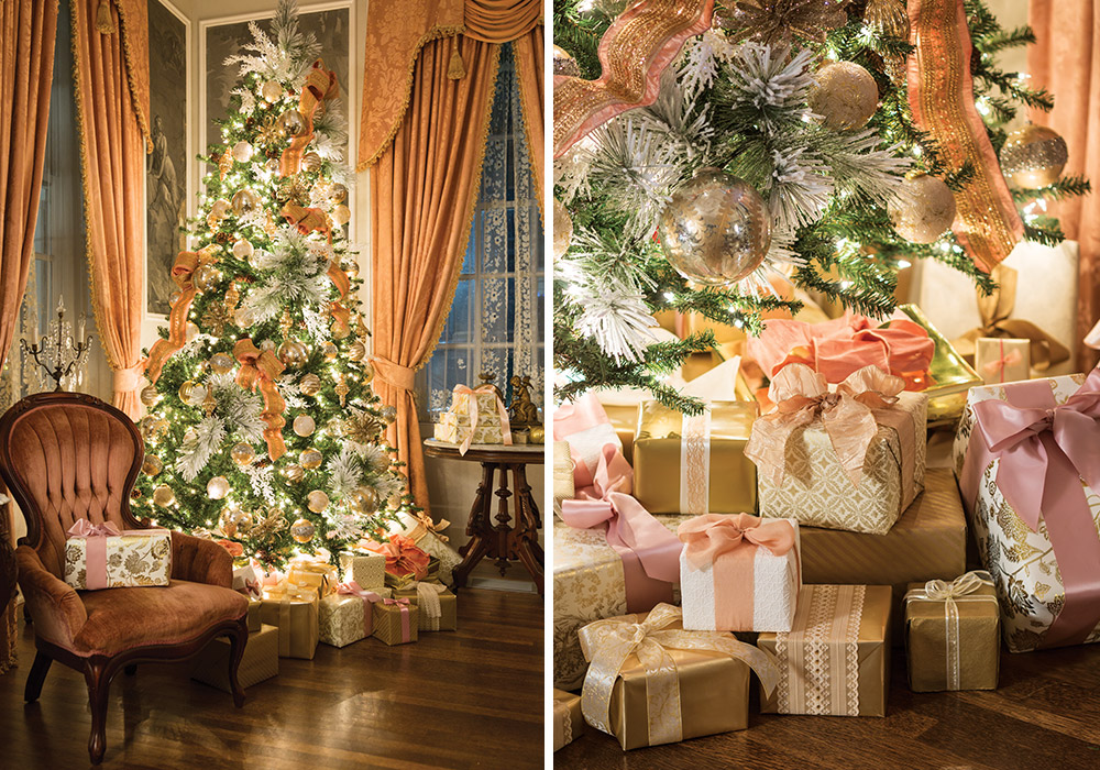 On the left, a Christmas tree adorned in pink and ivory tinsel, crowded with gifts. On the right, a closer view of these gifts in abundance, wrapped in pink, ivory, and gold bows beneath decorated branches.
