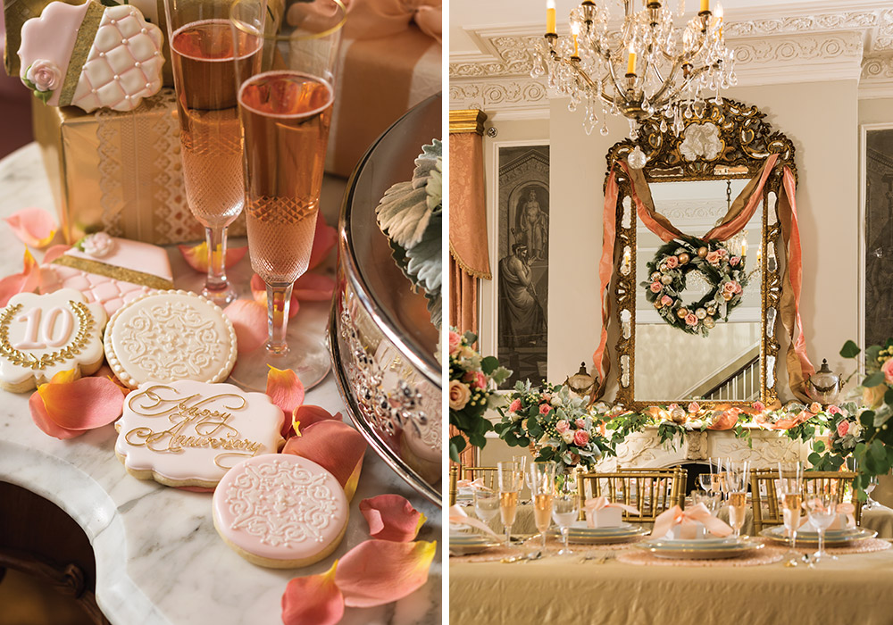 On the left, two champagne flutes shimmer with bubbling rose, while commemorative cookies gather at their stems. On the left, a wider shot of a blush and gold table setting, watched over by a large mirror crowned in pink ribbon and rose decorated wreath. 