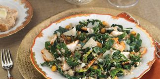 Kale and Quinoa Caesar Salad with Roasted Chicken and Crispy Chickpeas