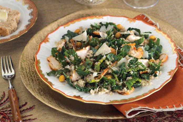 Kale and Quinoa Caesar Salad with Roasted Chicken and Crispy Chickpeas