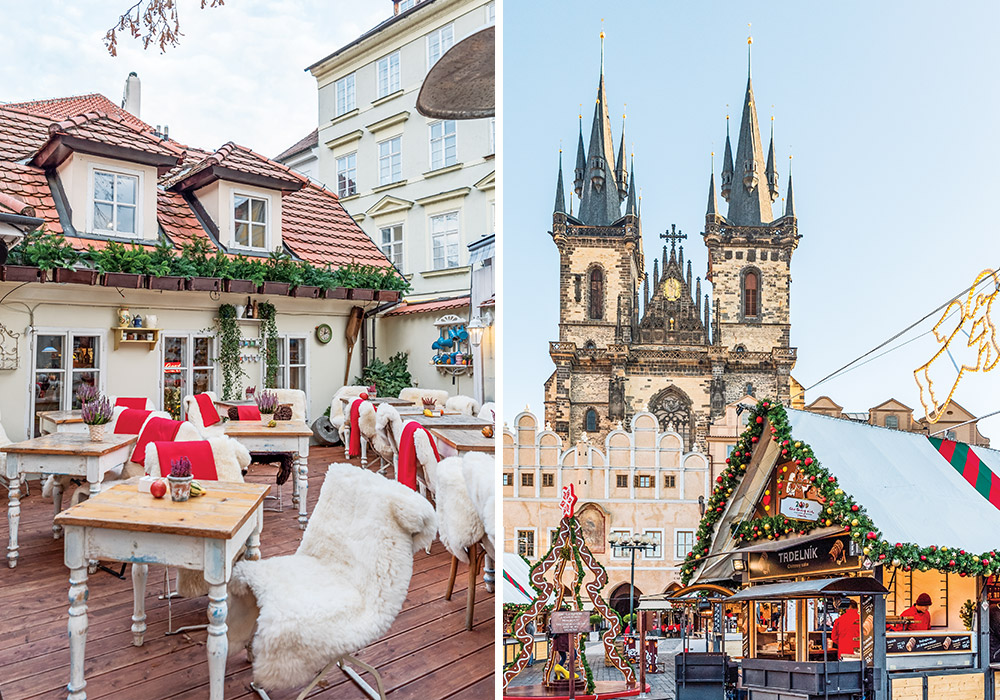 Left: Outdoor seating in town is padded with sumptuous, warm textures. Right: The spires of the Church of Our Lady before Tyn rise above the square, where outdoor shop stalls are dressed in festive garland.