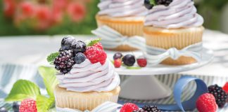 White Chocolate Cupcakes with Vanilla-Blackberry Buttercream
