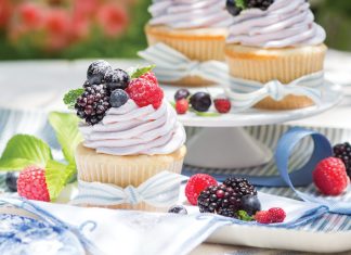 White Chocolate Cupcakes with Vanilla-Blackberry Buttercream