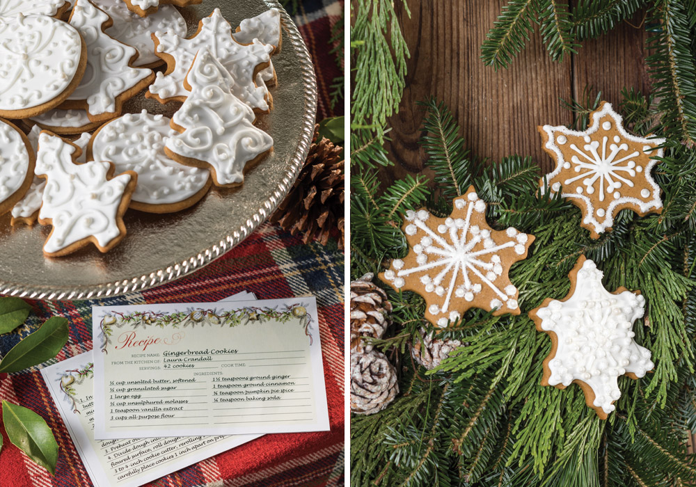 Left: Our exclusive Victoria recipe card features the recipe for our Gingerbread Cookies. Right: The cookies themselves sit atop evergreen branches, iced to look like snowflakes.